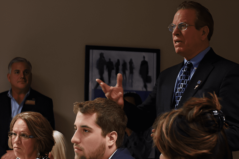 Man speaking at a business meeting.